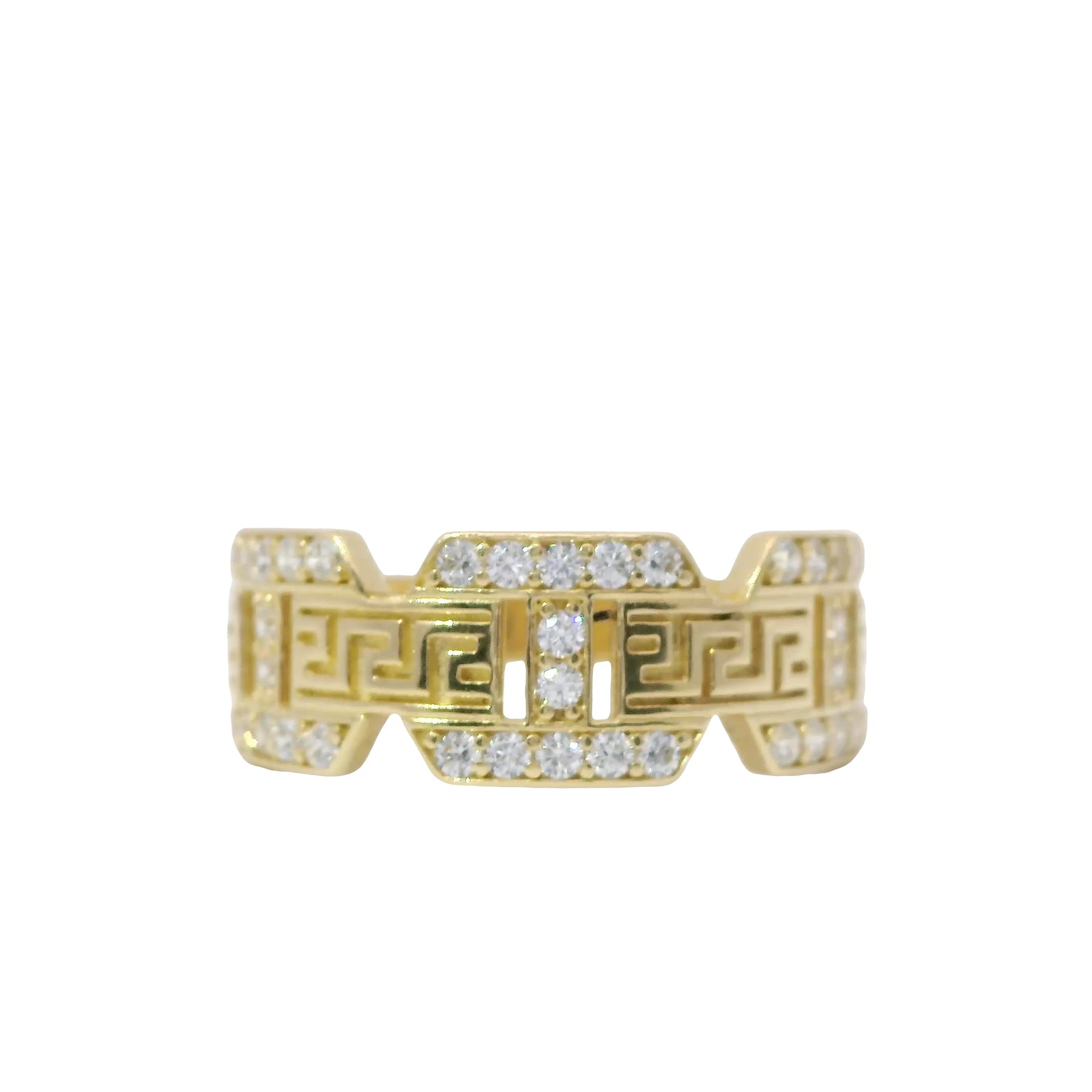 14KT Gold Ring Women's Mini White CZ Stones Mariner Link with Plain Greek Center Band