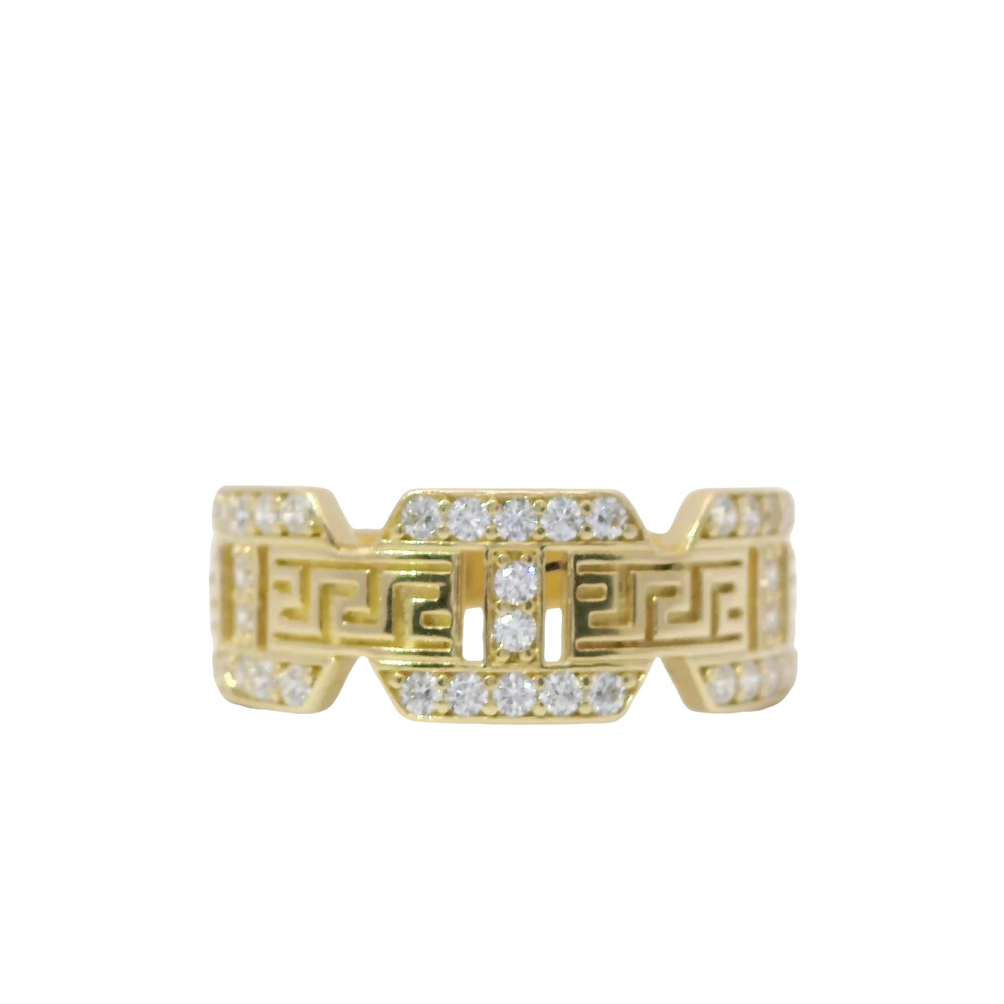 14KT Gold Ring Women's Mini White CZ Stones Mariner Link with Plain Greek Center Band