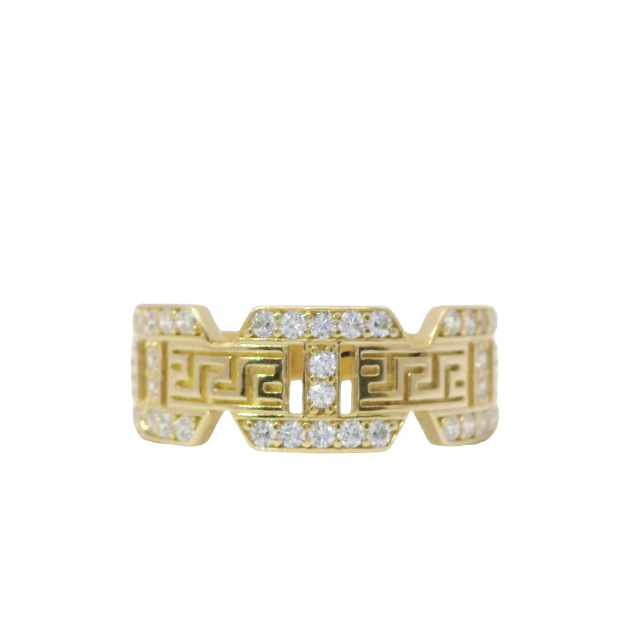14KT Gold Ring Women's Mini White CZ Stones Mariner Link with Plain Greek Center Band