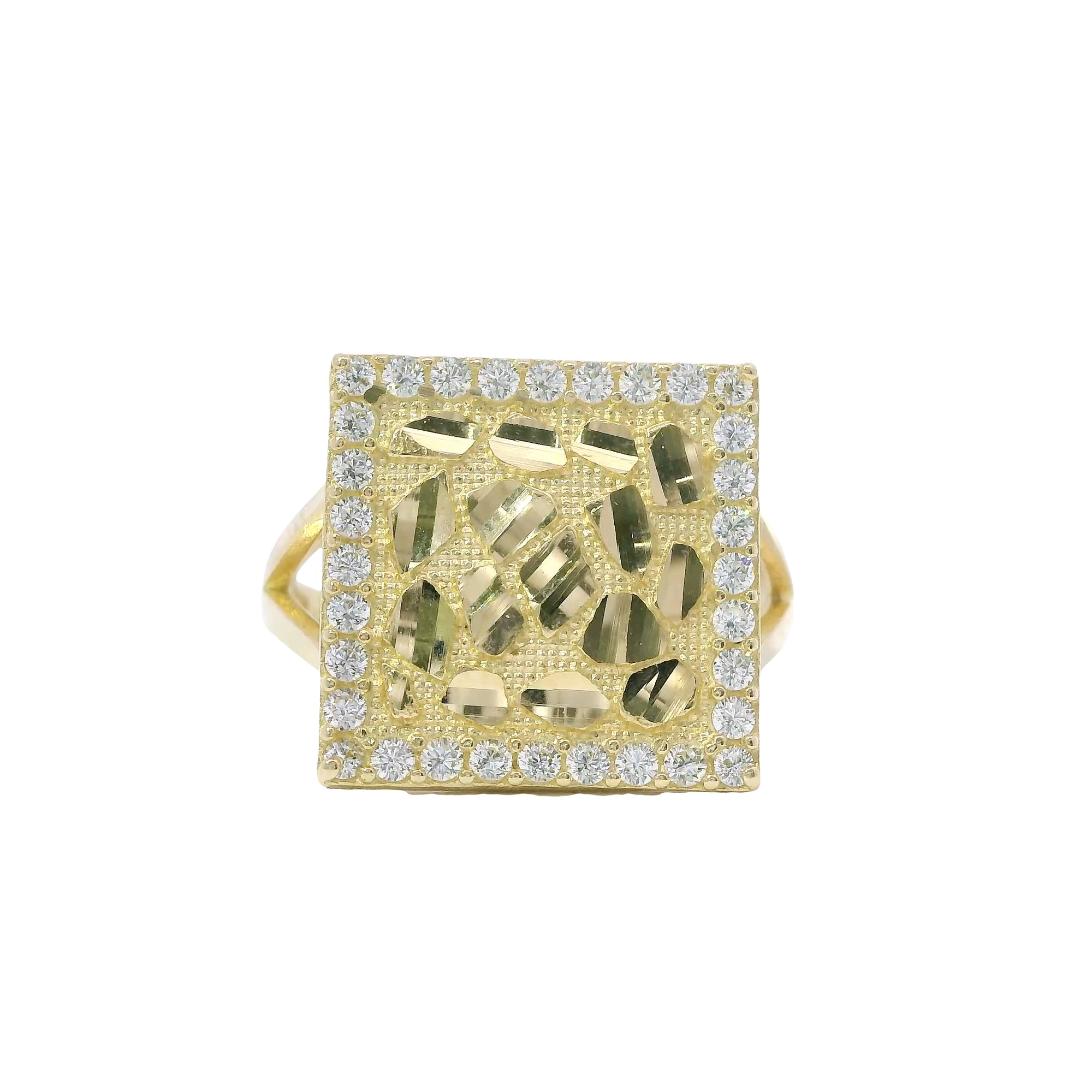 14KT Gold Ring Women's Square Nugget Center with White CZ Stones Border and Plain Split Band