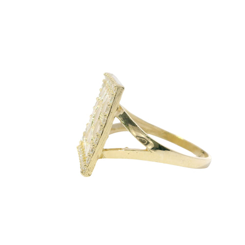 14KT Gold Ring Women's Square Nugget Center with White CZ Stones Border and Plain Split Band