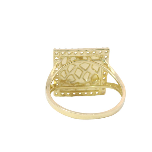 14KT Gold Ring Women's Square Nugget Center with White CZ Stones Border and Plain Split Band