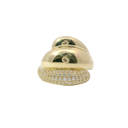 14KT Gold Ring Women's Ice Cream Swirl Two Plain and White CZ Stone Lower Layer with Plain Band