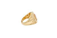 14KT Gold Ring Men's Oval Two Tone Praying Virgin Mary Center with White CZ Stones Background Plain Border with White CZ Drips on Sides