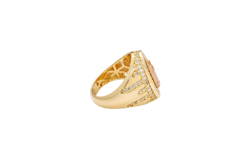 14KT Gold Ring Men's Oval Two Tone Praying Virgin Mary Center with White CZ Stones Background Plain Border with White CZ Drips on Sides