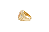 14KT Gold Ring Men's Oval Two Tone Praying Virgin Mary Center with White CZ Stones Background Plain Border with White CZ Drips on Sides