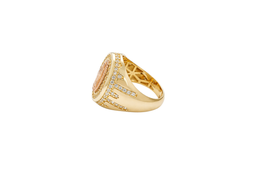 14KT Gold Ring Men's Oval Two Tone Praying Virgin Mary Center with White CZ Stones Background Plain Border with White CZ Drips on Sides