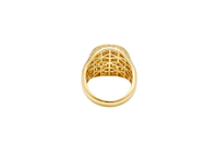14KT Gold Ring Men's Oval Two Tone Praying Virgin Mary Center with White CZ Stones Background Plain Border with White CZ Drips on Sides