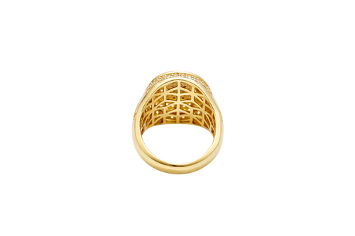 14KT Gold Ring Men's Oval Two Tone Praying Virgin Mary Center with White CZ Stones Background Plain Border with White CZ Drips on Sides