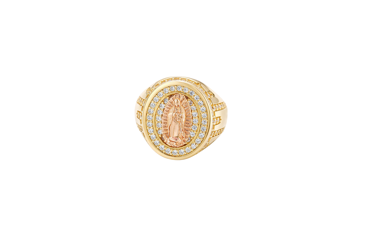 14KT Gold Ring Men's Oval Two Tone Praying Virgin Mary Center with White CZ Stones Background Plain Border with White CZ Drips on Sides