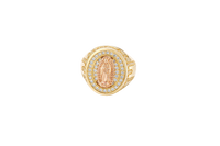 14KT Gold Ring Men's Oval Two Tone Praying Virgin Mary Center with White CZ Stones Background Plain Border with White CZ Drips on Sides
