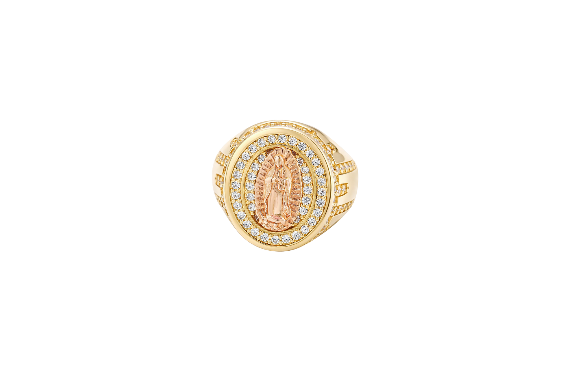 14KT Gold Ring Men's Oval Two Tone Praying Virgin Mary Center with White CZ Stones Background Plain Border with White CZ Drips on Sides