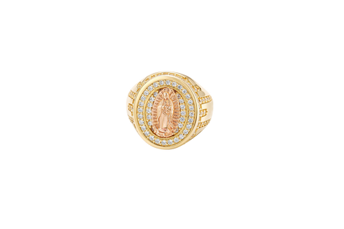 14KT Gold Ring Men's Oval Two Tone Praying Virgin Mary Center with White CZ Stones Background Plain Border with White CZ Drips on Sides