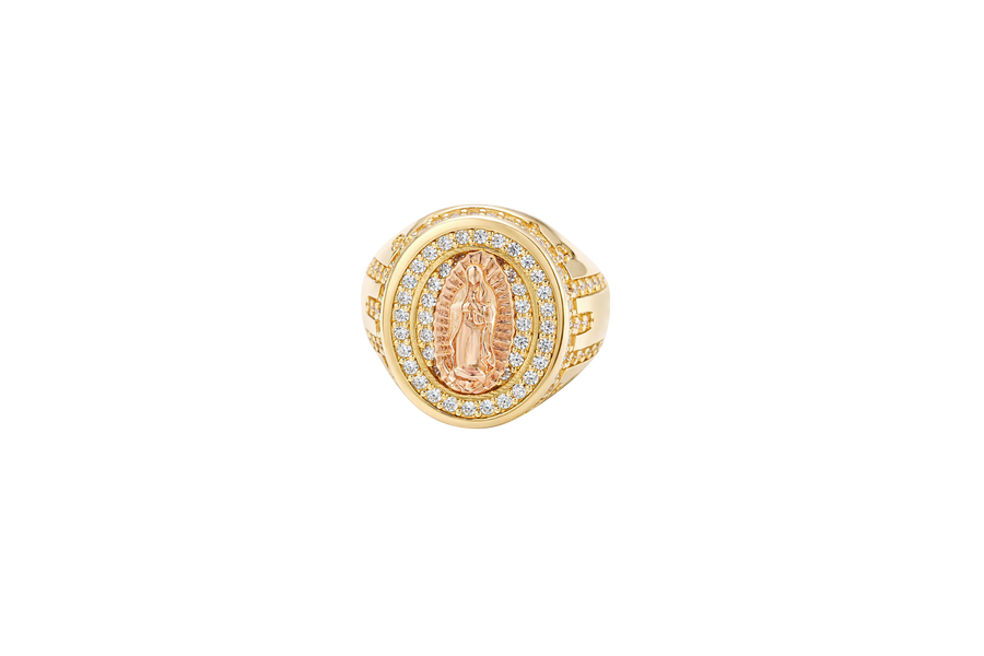 14KT Gold Ring Men's Oval Two Tone Praying Virgin Mary Center with White CZ Stones Background Plain Border with White CZ Drips on Sides