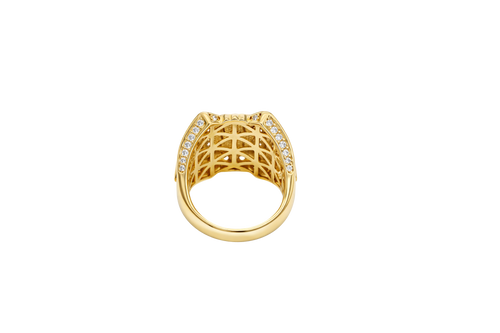 14KT Gold Ring Men's Two Tone Square Praying Virgin Mary Plain Border with White CZ Top/Side Stones