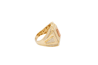 14KT Gold Ring Men's Two Tone Square Praying Virgin Mary Plain Border with White CZ Top/Side Stones