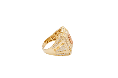 14KT Gold Ring Men's Two Tone Square Praying Virgin Mary Plain Border with White CZ Top/Side Stones