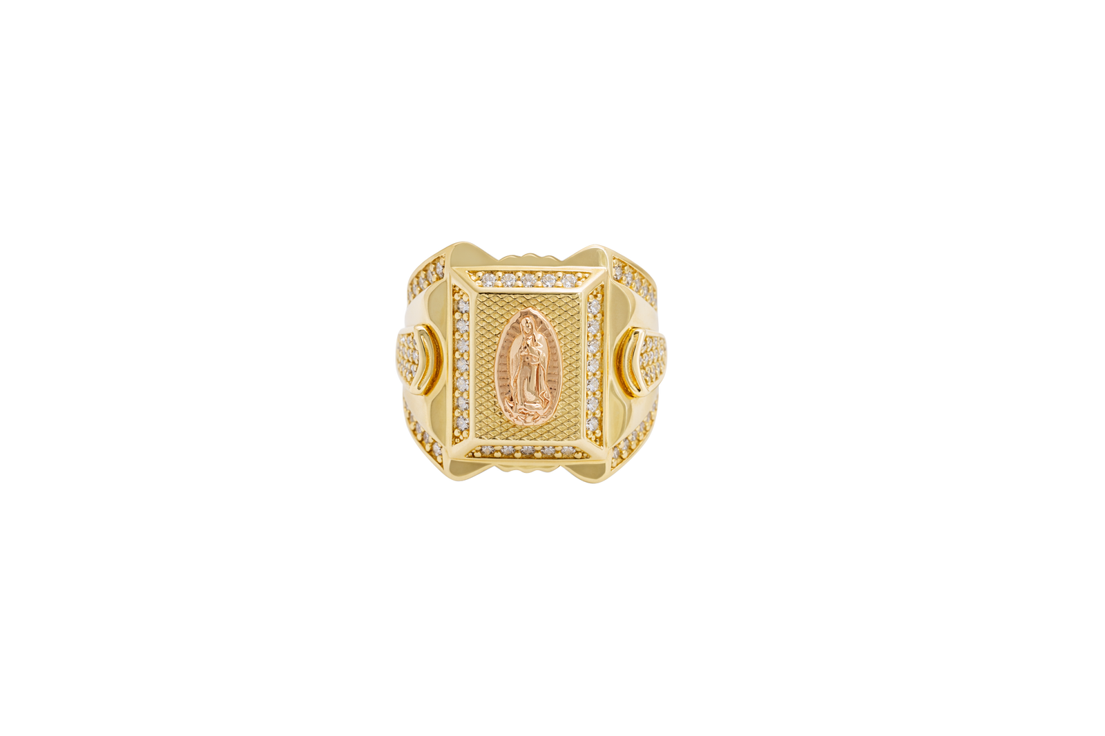 14KT Gold Ring Men's Two Tone Square Praying Virgin Mary Plain Border with White CZ Top/Side Stones