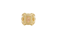 14KT Gold Ring Men's Two Tone Square Praying Virgin Mary Plain Border with White CZ Top/Side Stones