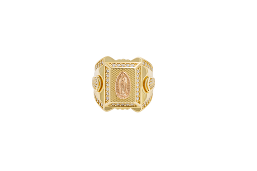 14KT Gold Ring Men's Two Tone Square Praying Virgin Mary Plain Border with White CZ Top/Side Stones