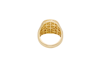 14KT Gold Ring Men's Oval Two Tone Open Hand Virgin Mary Center with White CZ Stones Background Plain Border with White CZ Drips on Sides