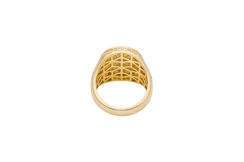 14KT Gold Ring Men's Oval Two Tone Open Hand Virgin Mary Center with White CZ Stones Background Plain Border with White CZ Drips on Sides