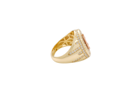 14KT Gold Ring Men's Oval Two Tone Open Hand Virgin Mary Center with White CZ Stones Background Plain Border with White CZ Drips on Sides