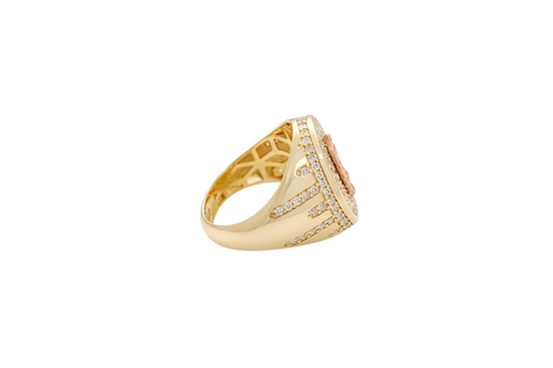 14KT Gold Ring Men's Oval Two Tone Open Hand Virgin Mary Center with White CZ Stones Background Plain Border with White CZ Drips on Sides