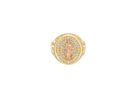 14KT Gold Ring Men's Oval Two Tone Open Hand Virgin Mary Center with White CZ Stones Background Plain Border with White CZ Drips on Sides