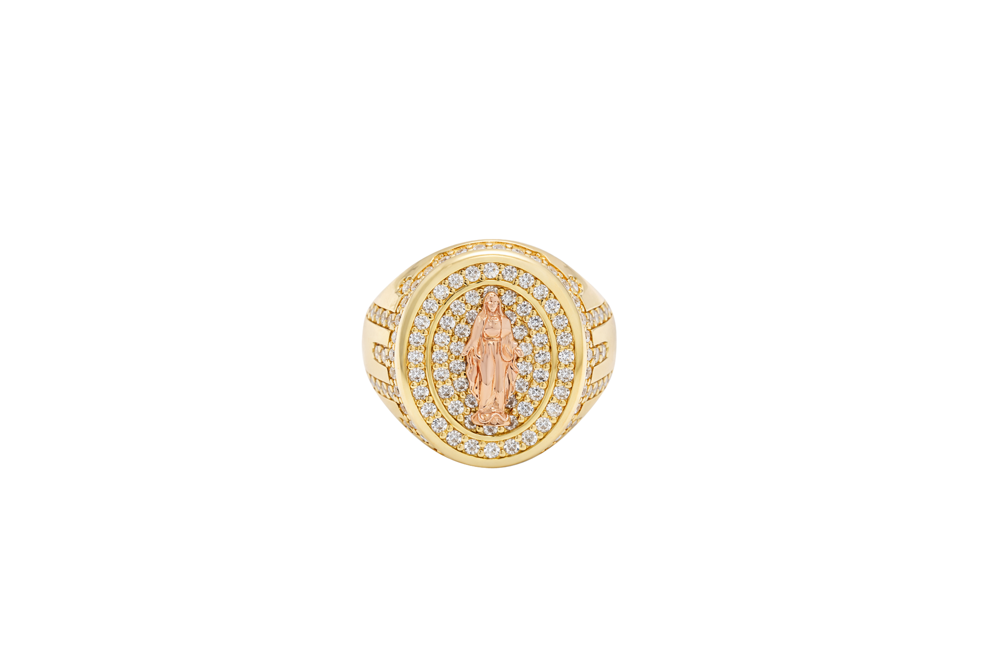 14KT Gold Ring Men's Oval Two Tone Open Hand Virgin Mary Center with White CZ Stones Background Plain Border with White CZ Drips on Sides