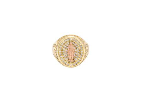 14KT Gold Ring Men's Oval Two Tone Open Hand Virgin Mary Center with White CZ Stones Background Plain Border with White CZ Drips on Sides