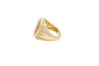 14KT Gold Ring Men's Oval Two Tone Open Hand Virgin Mary Center with White CZ Stones Background Plain Border with White CZ Drips on Sides