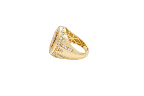 14KT Gold Ring Men's Oval Two Tone Open Hand Virgin Mary Center with White CZ Stones Background Plain Border with White CZ Drips on Sides