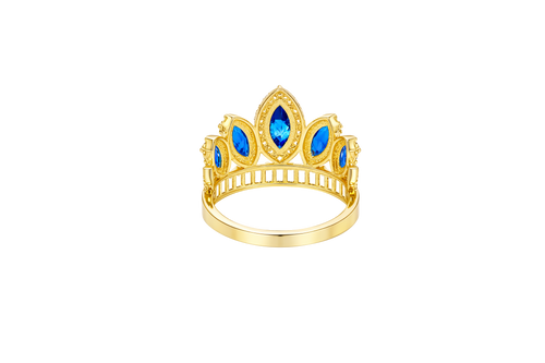 14KT Gold Ring Women's "15" Quinceanera Crown Navy Blue CZ Stones with White Baguette CZ Stones Band Plain Shank