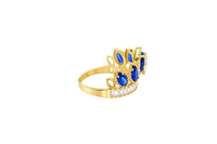 14KT Gold Ring Women's "15" Quinceanera Crown Navy Blue CZ Stones with White Baguette CZ Stones Band Plain Shank