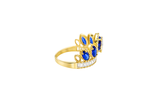 14KT Gold Ring Women's "15" Quinceanera Crown Navy Blue CZ Stones with White Baguette CZ Stones Band Plain Shank