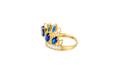 14KT Gold Ring Women's "15" Quinceanera Crown Navy Blue CZ Stones with White Baguette CZ Stones Band Plain Shank