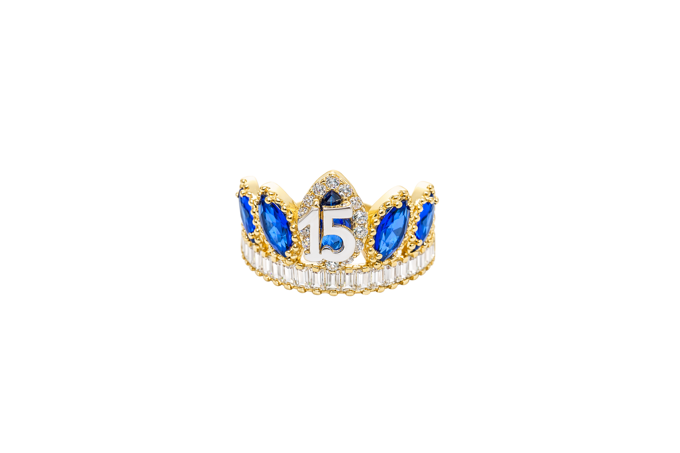 14KT Gold Ring Women's "15" Quinceanera Crown Navy Blue CZ Stones with White Baguette CZ Stones Band Plain Shank