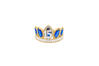 14KT Gold Ring Women's "15" Quinceanera Crown Navy Blue CZ Stones with White Baguette CZ Stones Band Plain Shank