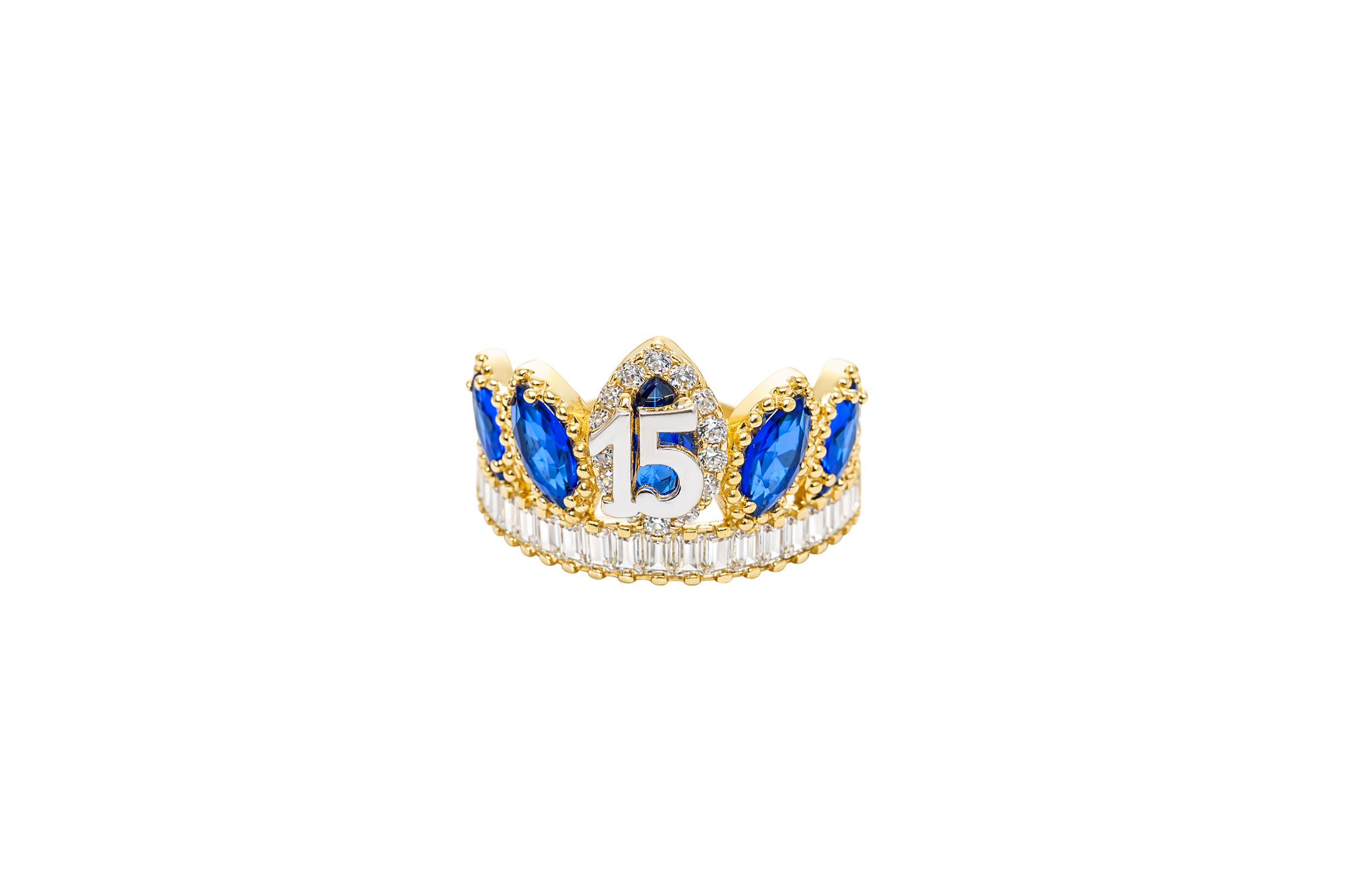 14KT Gold Ring Women's "15" Quinceanera Crown Navy Blue CZ Stones with White Baguette CZ Stones Band Plain Shank