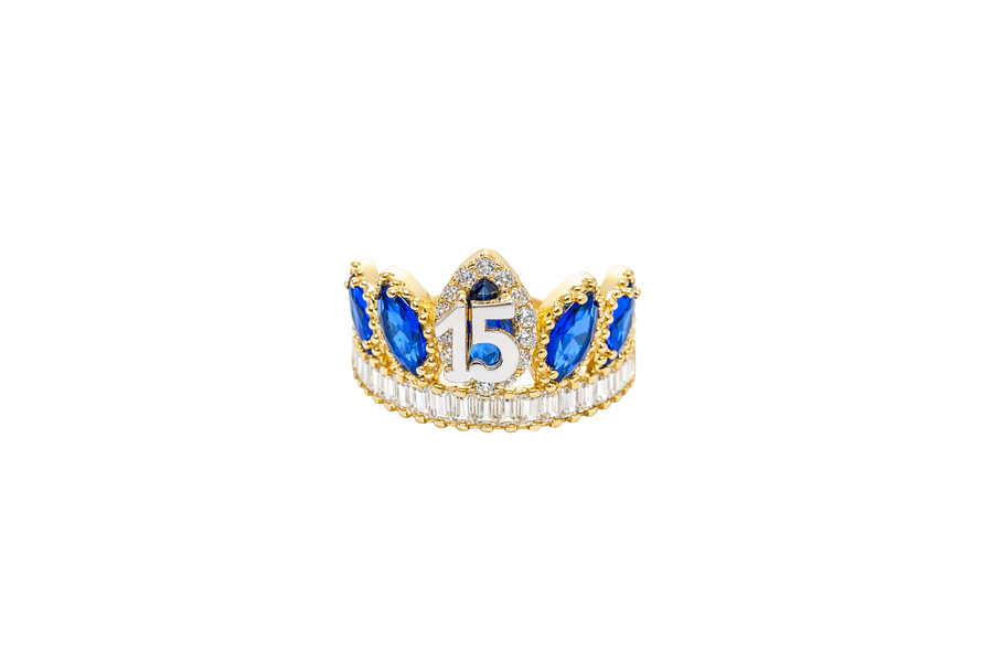 14KT Gold Ring Women's "15" Quinceanera Crown Navy Blue CZ Stones with White Baguette CZ Stones Band Plain Shank