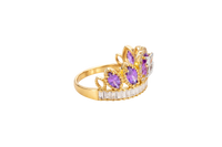 14KT Gold Ring Women's "15" Quinceanera Crown Purple CZ Stones with White Baguette CZ Stones Band