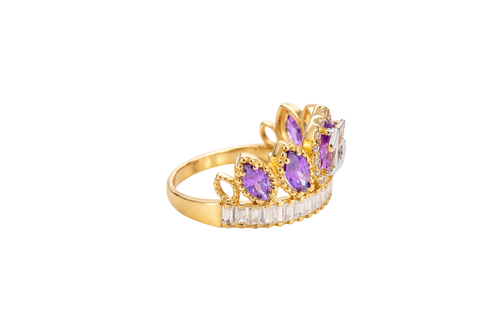 14KT Gold Ring Women's "15" Quinceanera Crown Purple CZ Stones with White Baguette CZ Stones Band