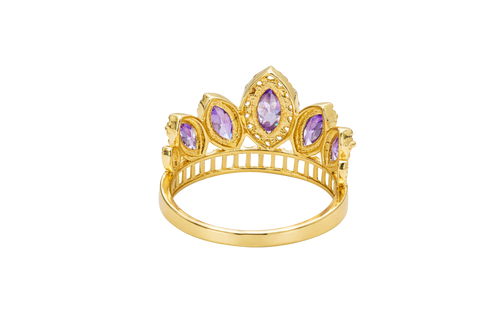 14KT Gold Ring Women's "15" Quinceanera Crown Purple CZ Stones with White Baguette CZ Stones Band