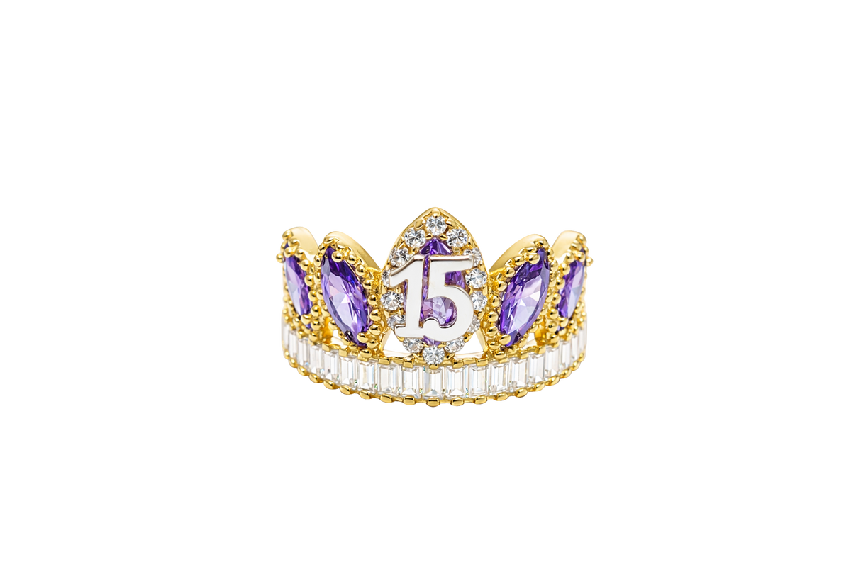 14KT Gold Ring Women's "15" Quinceanera Crown Purple CZ Stones with White Baguette CZ Stones Band