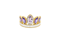14KT Gold Ring Women's "15" Quinceanera Crown Purple CZ Stones with White Baguette CZ Stones Band