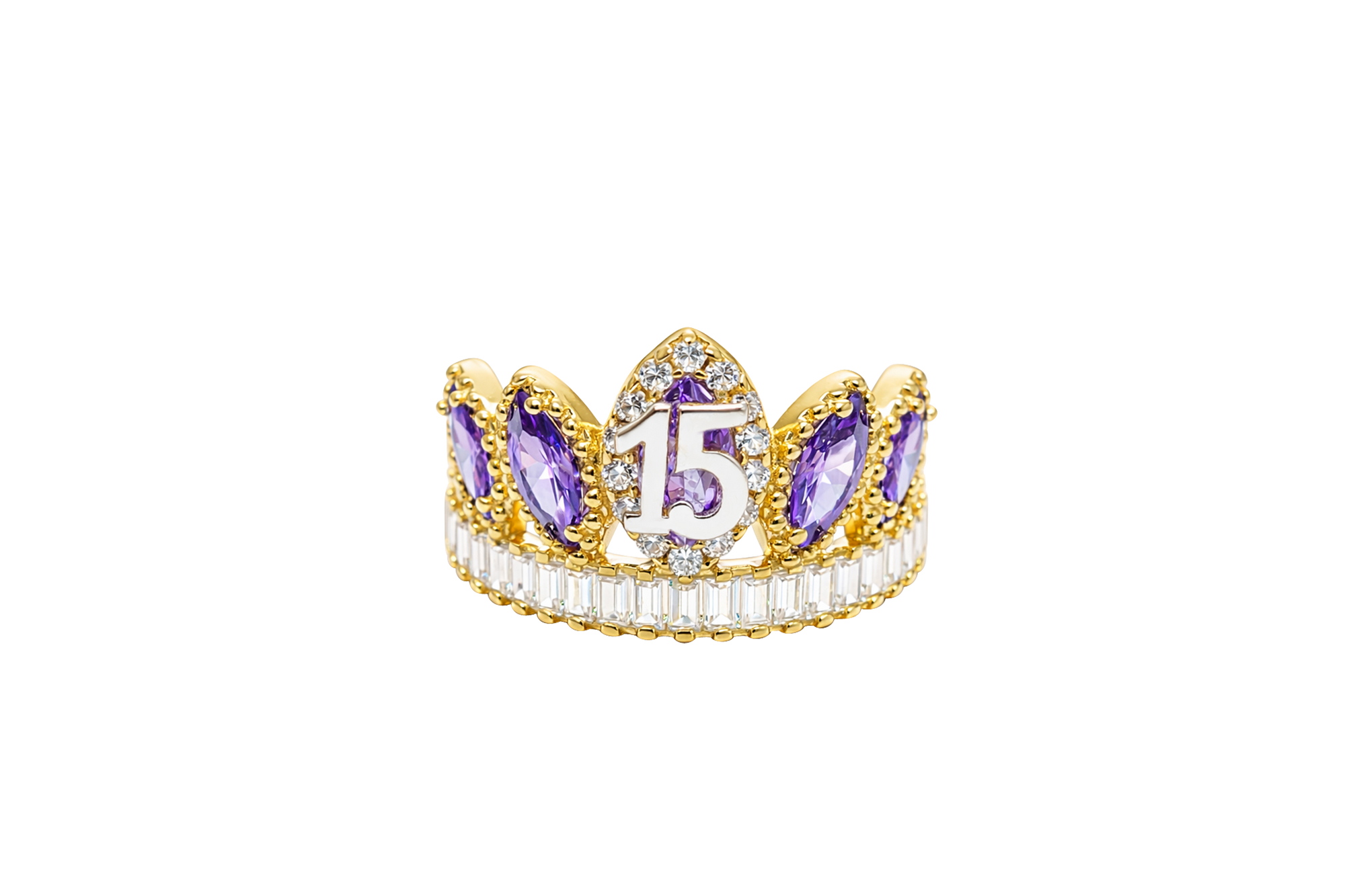14KT Gold Ring Women's "15" Quinceanera Crown Purple CZ Stones with White Baguette CZ Stones Band