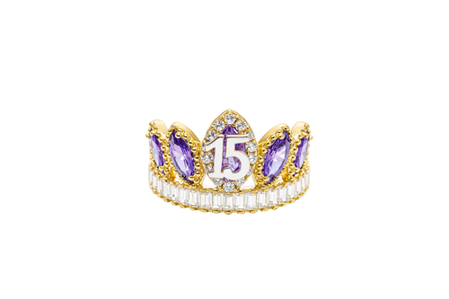 14KT Gold Ring Women's "15" Quinceanera Crown Purple CZ Stones with White Baguette CZ Stones Band