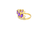 14KT Gold Ring Women's "15" Quinceanera Crown Purple CZ Stones with White Baguette CZ Stones Band