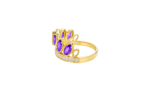 14KT Gold Ring Women's "15" Quinceanera Crown Purple CZ Stones with White Baguette CZ Stones Band